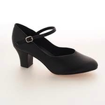 A single black character shoe with a 2 inch heel and an ankle strap with a buckle.