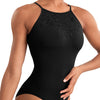 M40006LM Floral Keyhole Back Halter Neck Adult Leotard - Black