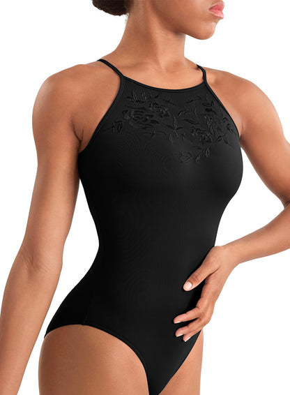 M40006LM Floral Keyhole Back Halter Neck Adult Leotard