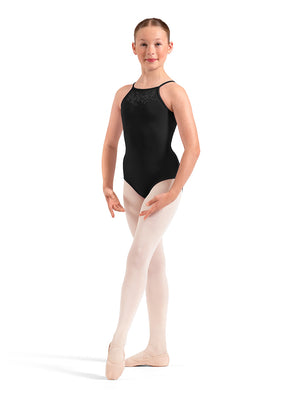 M40007C Floral Keyhole Back Halter Neck Youth Leotard