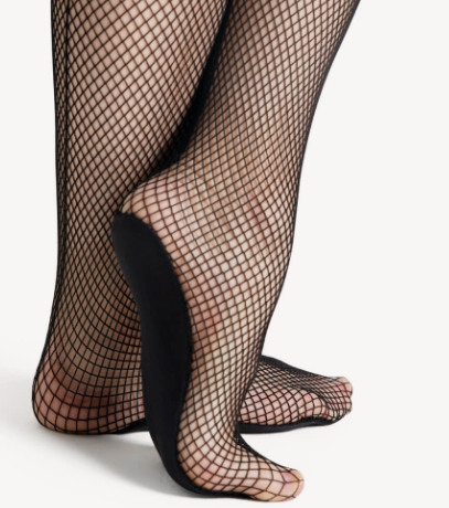 Black fishnet stockings worn by a person on a white background