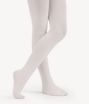 White tights worn by a person on a white background