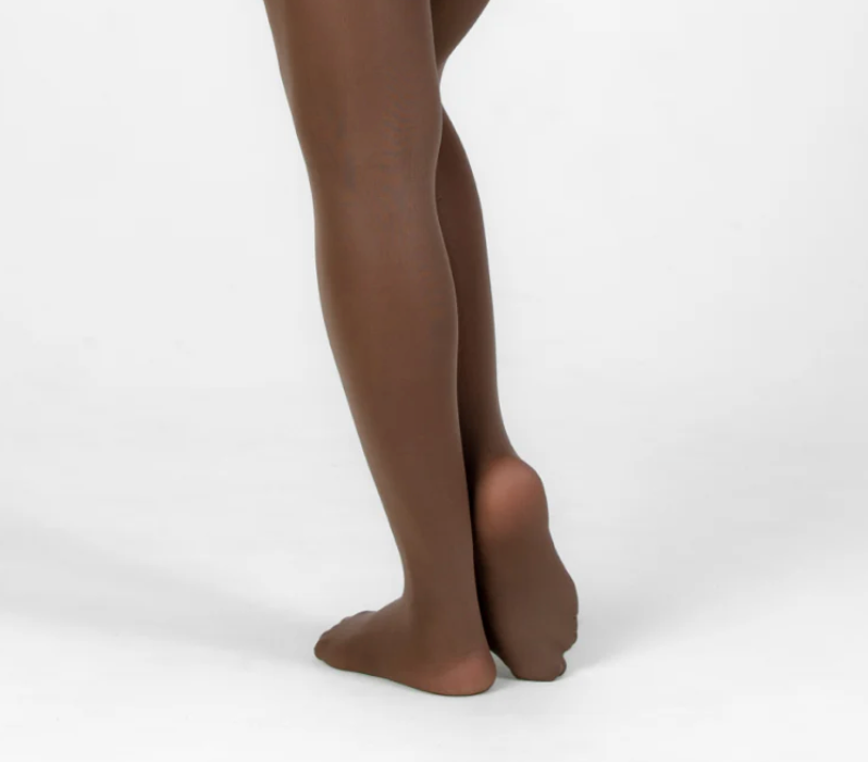 Brown tights worn by a person on a white background