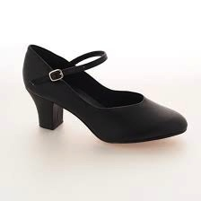 A single black character shoe with a 2 inch heel and an ankle strap with a buckle.