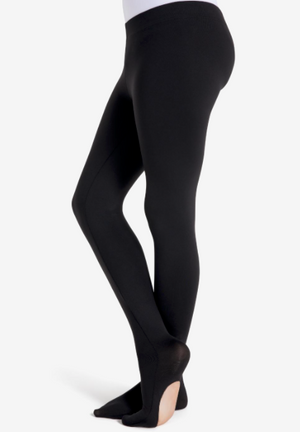 Side view of a male model wearing black transition tights.
