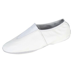 A white gymnastic shoe for kids, with a slip-on design.